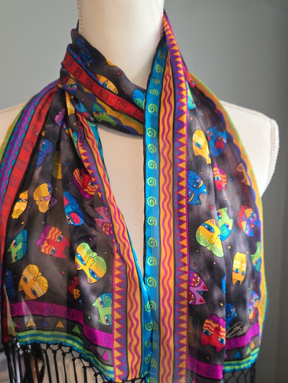 Laurel Burch Black Silk Scarf with Multicolor Cat Motifs